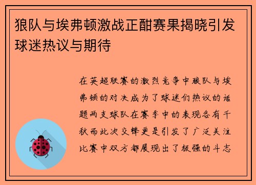 狼队与埃弗顿激战正酣赛果揭晓引发球迷热议与期待